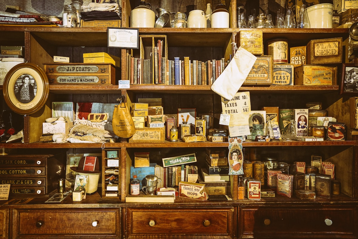 Shelves of vintage collectibles and general store items